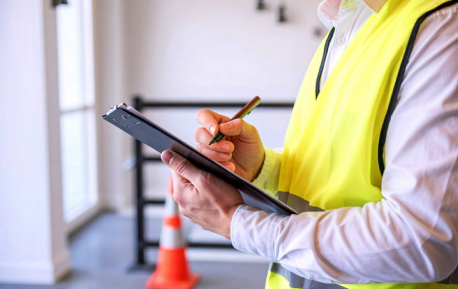 A technician in a safety vest writes on a clipboard during a building walkthrough.