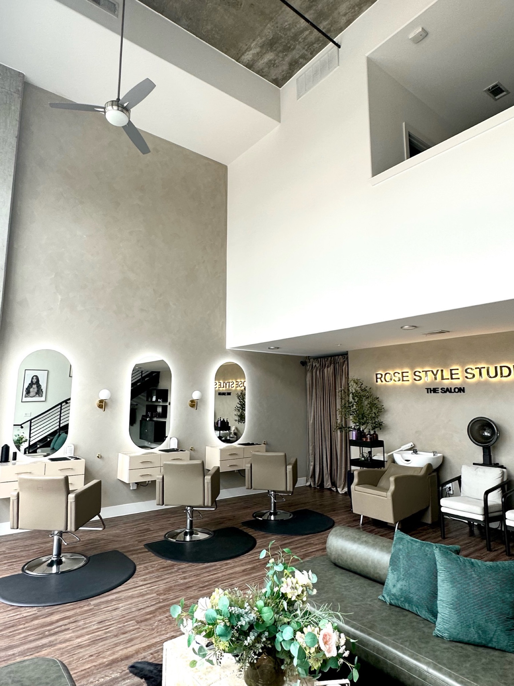 Rose Style Studio salon interior with styling stations and lounge